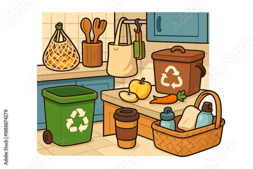 Sustainable living kitchen with recycling and compost bins. Eco friendly lifestyle with reusable items. Zero waste concept vector illustration for conscious consumption.