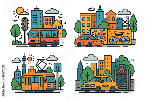 Urban transport illustration set. City life scenes with bus, car, taxi, tram. Vector cartoon collection of street traffic, buildings, cityscape. Modern flat design elements.