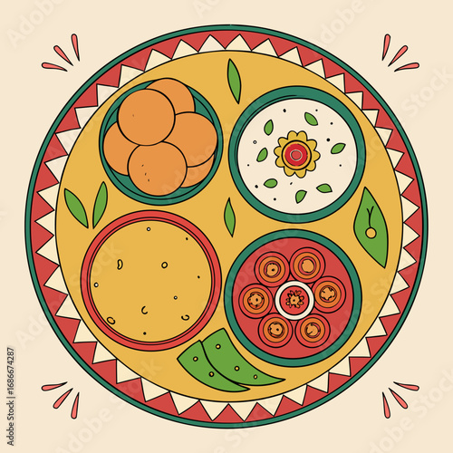 Vector art of festive indian thali with various dishes