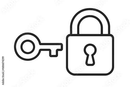 Key and lock outline icon for security concept. Vector symbol for safety, privacy, access, protection. Unlocking a solution or opportunity. Login password secure data access.