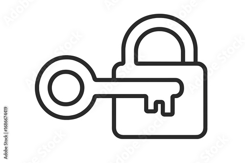 Key in lock outline icon. Concept of security, access, privacy, and protection. Vector linear symbol for unlocking a solution, password, login, or secret. Safety pictogram.