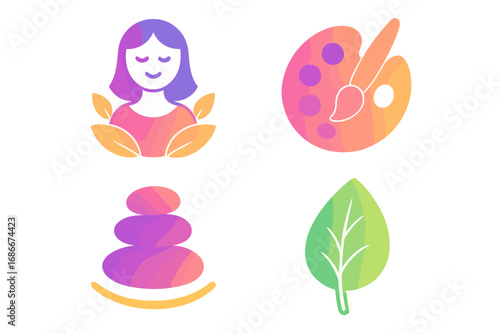 Wellness and self-care icon set with vibrant gradient colors. Vector graphics for mental health, life balance, creativity, and nature themes. Zen stones, artist palette, and leaf.