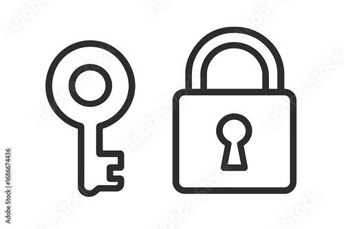Key and lock icon. Vector linear symbol for security, safety, and access. Padlock concept for privacy, protection, and data encryption. Outline graphic for web and apps.