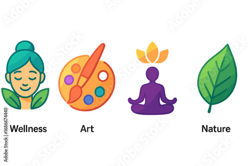 Wellness and creativity icon set. Gradient vector symbols for mental health, balance, art therapy, nature, and relaxation. Yoga, painting, ecology, and spa concepts.