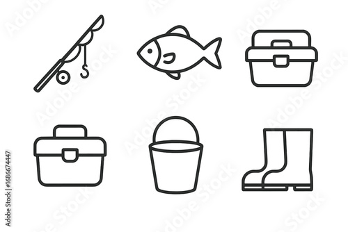 Fishing icon set vector. Minimalist fishing gear line icons. Fisherman equipment collection with rod, fish, tackle box, bucket, boots. Simple outline symbols for outdoor hobby.