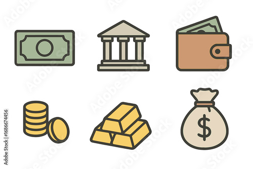 Vector finance icon set. Minimalist cartoon money, bank, wallet, coins, gold bars, cash bag. Financial business concept. Banking, investment, wealth, savings, currency symbol.