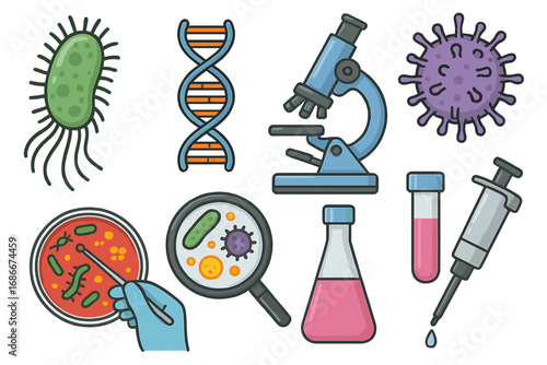 Microbiology research icon set. Vector cartoon illustration of scientific laboratory equipment for analysis, DNA, virus, bacteria, microscope, petri dish. Genetic engineering concept.