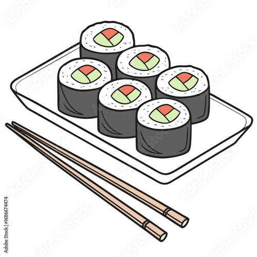 Vector art of sushi rolls with cucumber and salmon