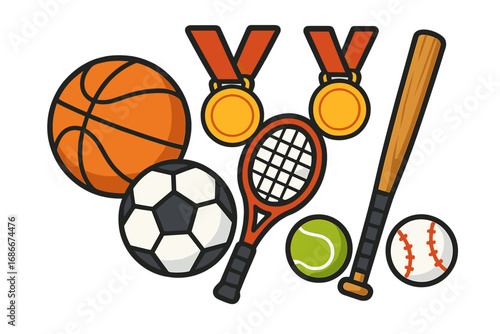 Sports equipment set cartoon vector. Basketball, soccer, baseball, tennis. Gold medal award for competition. Athletic activity concept. Game, match, and tournament icon pack.