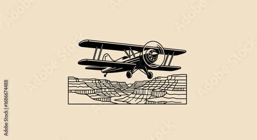 Vintage biplane aircraft with propeller in flight over abstract terrain.