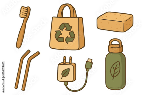 Zero waste lifestyle vector icon set. Eco friendly products for sustainable living. Reusable bag, bamboo toothbrush, solid soap, metal straws, green charger & water bottle.