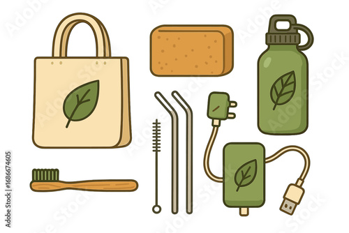 Eco-friendly products for sustainable living. Zero waste lifestyle items set. Reusable bag, water bottle, bamboo toothbrush, and metal straws. Vector cartoon illustration.