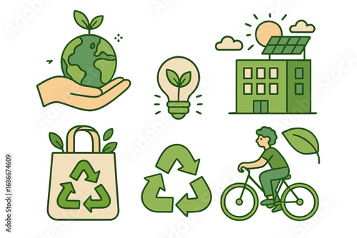 Eco friendly icon set promoting sustainability. Green energy, recycling, conservation symbols. Vector illustration for environmental protection, planet care, go green concepts.