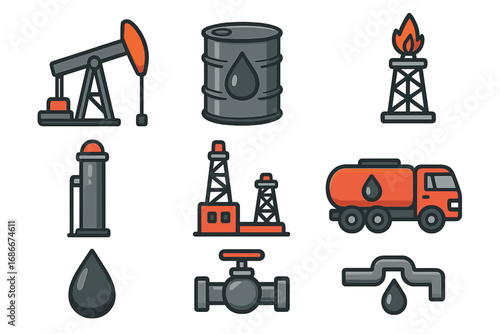 Oil and gas industry icon set. Petroleum extraction, energy production symbols. Fuel, power, gasoline elements. Vector collection with pumpjack, barrel, refinery, and tanker truck.