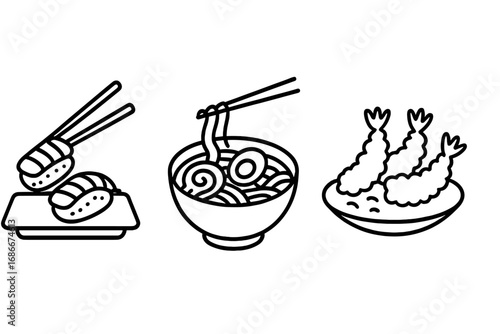 Japanese food icon set vector illustration. Minimalist line art of sushi, ramen noodles, and tempura shrimp. Simple outline graphic symbols for Asian cuisine restaurant menu.