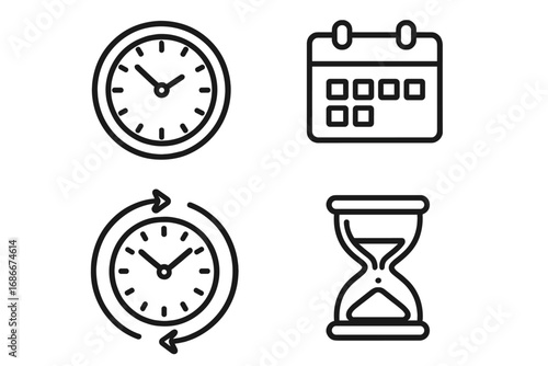 Time management line icon set with clock, calendar, and hourglass. Vector symbols for planning, schedule, deadline, efficiency, productivity. 24 hours service concept.