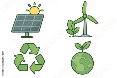 Eco-friendly icon set. Green energy, recycling, and conservation symbols. Sustainable power concept with solar panel, wind turbine, and planet earth. Vector illustration.