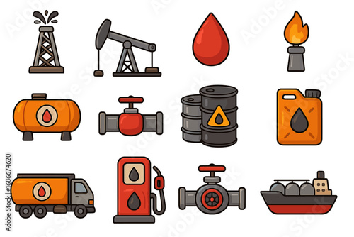 Oil gas industry vector icon set. Cartoon collection of crude extraction, fuel production, transportation symbols. Derrick, pumpjack, barrel, tanker truck, ship, pipeline icon.