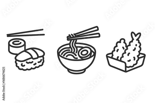 Japanese food icon set. Sushi, ramen noodles, tempura shrimp. Vector line art illustration. Minimalist outline for Asian cuisine restaurant menu. Simple graphic symbols collection.