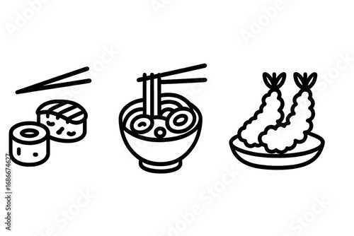 Japanese food line icon set. Minimalist vector icons of sushi, ramen noodles, and shrimp tempura. Asian cuisine concept for restaurant menu design or simple graphic elements.
