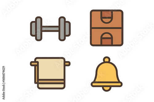 Sport and fitness flat icon set. Vector cartoon symbols. Dumbbell for gym workout, basketball court, hygiene towel and notification bell. Graphic elements for web or mobile app.