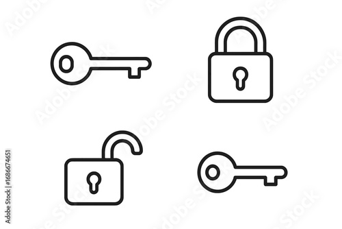 Key and lock icon set. Padlock unlock and lock symbol. Concept of security, privacy, safety and protection. Access, password, secret. Simple thin line vector illustration.