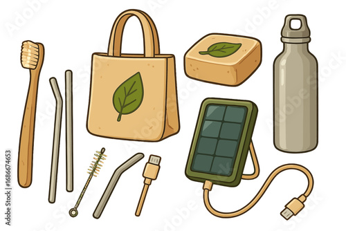 Set of eco friendly products for zero waste living. Sustainable lifestyle concept with reusable bag, bamboo toothbrush, metal straws, soap, water bottle, solar charger. Vector.