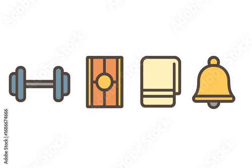 Gym and fitness minimal flat icons set. Vector collection of dumbbell, exercise mat, towel, and boxing bell. Sports equipment for workout, training, and activity concepts.