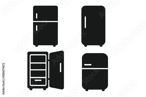 Refrigerator icon set silhouette. Vector fridge freezer graphic symbol. Kitchen appliance pictogram collection. Open and closed cooler for food storage. Simple minimal design.