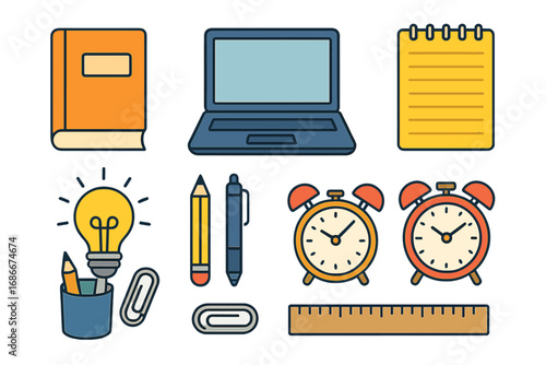 Education and back to school icon set. Flat design vector cartoon illustration. Student study tools and office supplies for e-learning, creativity and time management.