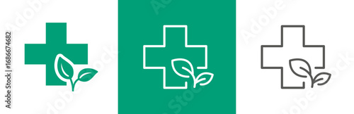 flat and linear set icons, medical pharmacy icon, herbal care, organic medicine, cross with leaves, simple symbols on white and black background - editable stroke vector illustration