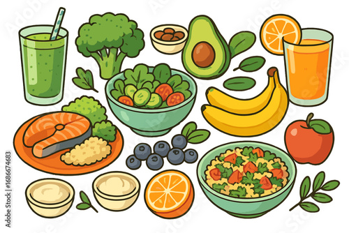 Healthy food collection. Balanced diet concept with fresh fruit, vegetables, salmon, and smoothies. Nutrition, wellness, and clean eating vector cartoon illustration set.