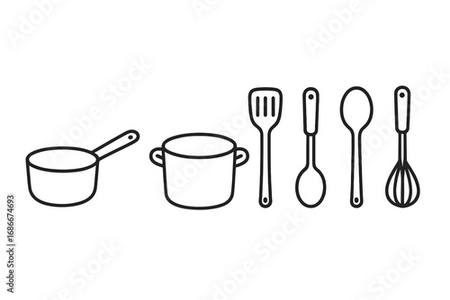 Cooking utensils icon set in simple line art. Kitchenware essentials for food preparation. Vector collection of pot, pan, spatula, spoon, ladle, whisk. Culinary symbols.