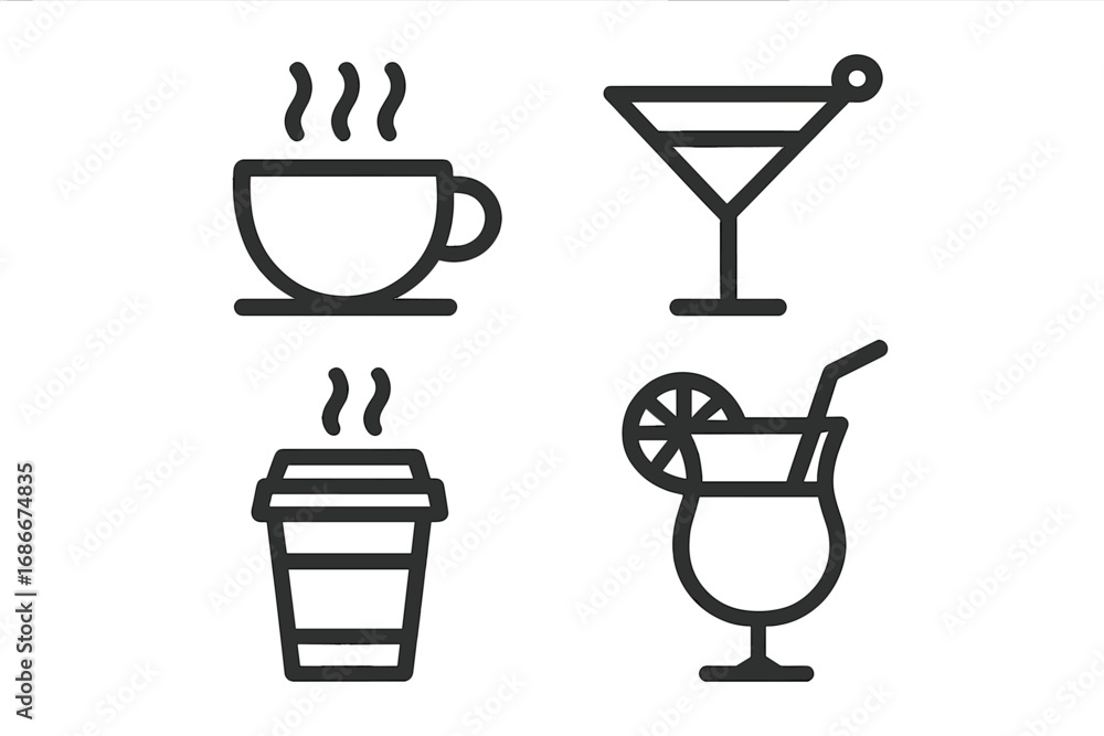 Beverage icon set with coffee and cocktail elements. Minimalist vector line art of hot drink, tea cup, to-go paper cup, martini, and juice. Simple flat symbols for cafe or bar menu.
