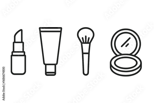 Minimalist makeup icon set. Linear vector illustration of essential beauty products. Cosmetics outline symbols: lipstick, foundation tube, powder brush, and compact mirror.