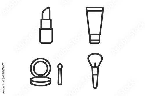 Minimalist makeup icon set. Cosmetics line art collection. Vector symbols of essential beauty products like lipstick, face powder, foundation cream tube, and make-up brush.
