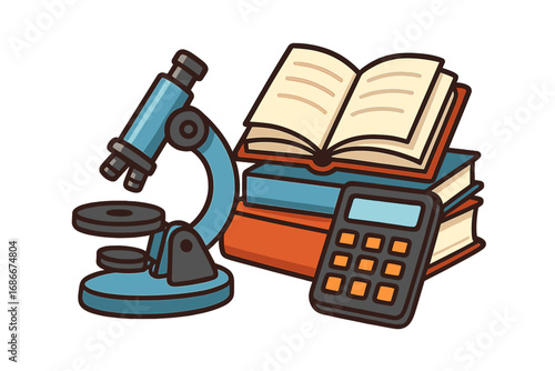Education and science concept. School supplies icon with microscope, calculator, books. Vector cartoon illustration for learning, study, biology research, back to school.