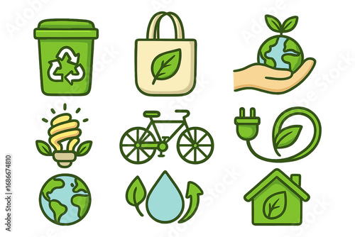Eco friendly icon set for sustainability and environmental awareness. Green lifestyle concepts for recycling, clean energy, conservation, zero waste and Earth day. Vector icons.