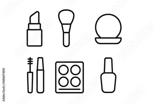 Makeup icons set. Minimalist line art cosmetics collection. Vector illustration of lipstick, brush, powder, mascara, eyeshadow palette, and nail polish. Beauty symbols.