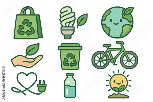 Eco friendly icon set. Green energy and ecology concept. Collection of cartoon vector illustrations for sustainability, recycling, and environmental awareness. Save the planet.