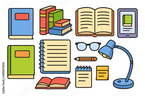 Set of educational icons. Books, notebooks, and reading accessories for learning and studying. Vector illustration of school and office supplies. E-learning and literature concept.