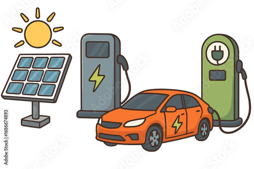 Electric car charging at a station with a solar panel. Eco-friendly vehicle and green energy concept. Sustainable transport infrastructure. Renewable power. Vector illustration.