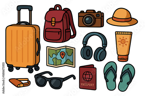 Set of essential travel items for vacation. Vector cartoon illustration. Luggage, backpack, camera, passport, map, and summer accessories. Flat design icons for tourism.