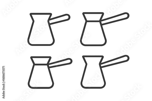 Minimalist outline Turkish coffee pot icon set, vector cartoon illustration with transparent background, ordered collection of traditional cezve symbols for coffee lovers and baristas