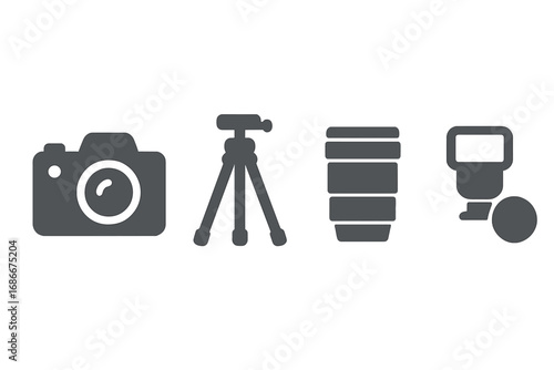 Minimalist Photography Equipment Vector Icons Set with Camera, Tripod, Lens, and Flash Accessories, Cartoon Style Illustration on Transparent Background, Organized and Modern Design