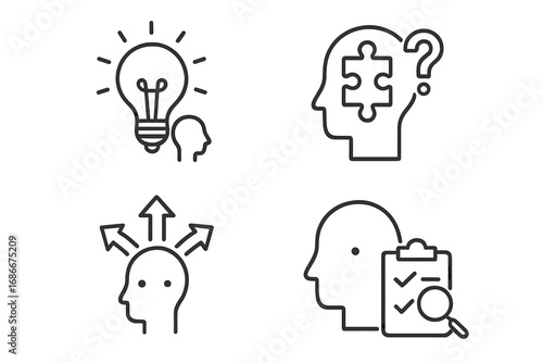Problem solving, innovation, decision making line icons. Vector set for thinking process, creativity, analysis, strategy. Mind head silhouette with light bulb, puzzle, arrows.