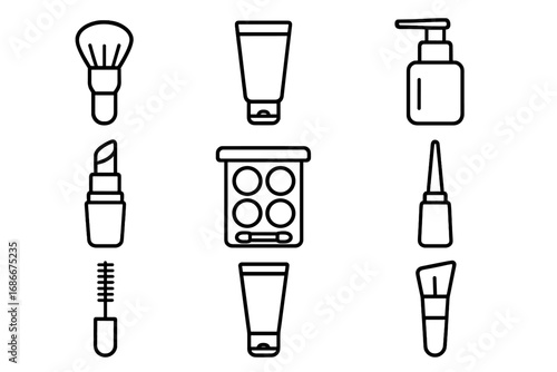 Set of Beauty and Cosmetic Line Icons, Makeup Brushes, Lipstick, Mascara, Facial Cream, Eye Shadow Palette, Liquid Eyeliner, Skincare Products, Vector Outline for Graphic Design and Web Apps