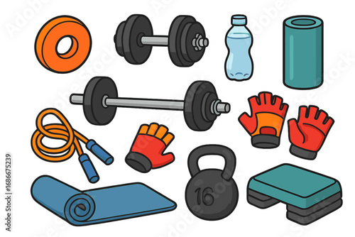 Fitness equipment and accessories for home workout or gym routine. Vector cartoon illustration set with dumbbell, barbell, kettlebell, mat. Strength training and cardio concept.