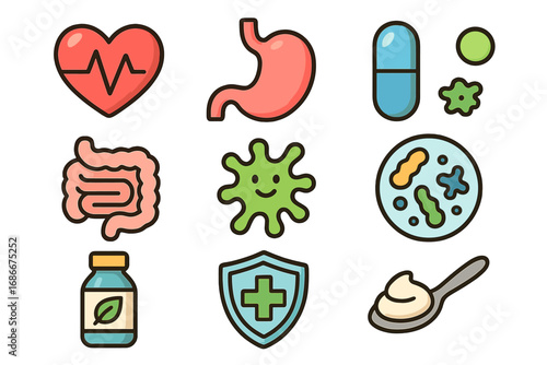 Probiotics and gut health icon set. Digestion, microbiome, good bacteria, stomach, intestine, and immune system concept. Medical, health, and food supplement vector icons.
