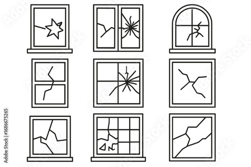 Pack of Broken Window Line Icons, Outline Signs for Graphic and Web Design, Apps, Advertising, Cards, Vector Cartoon Illustrations for Construction and Repair Concepts
